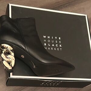 White House Black Market Black Leather Ankle Boots with Gold Chain Heel
